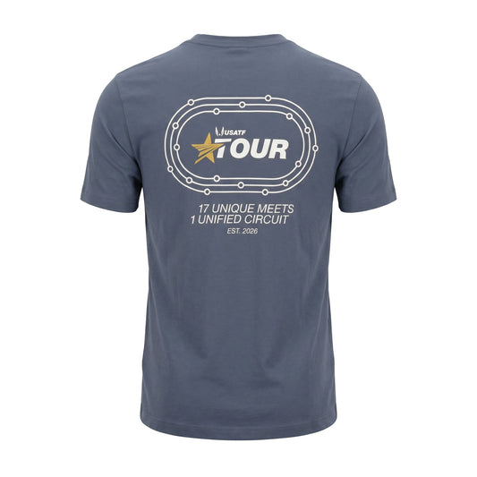 Navy blue t-shirt with a logo and text on the back against a white background