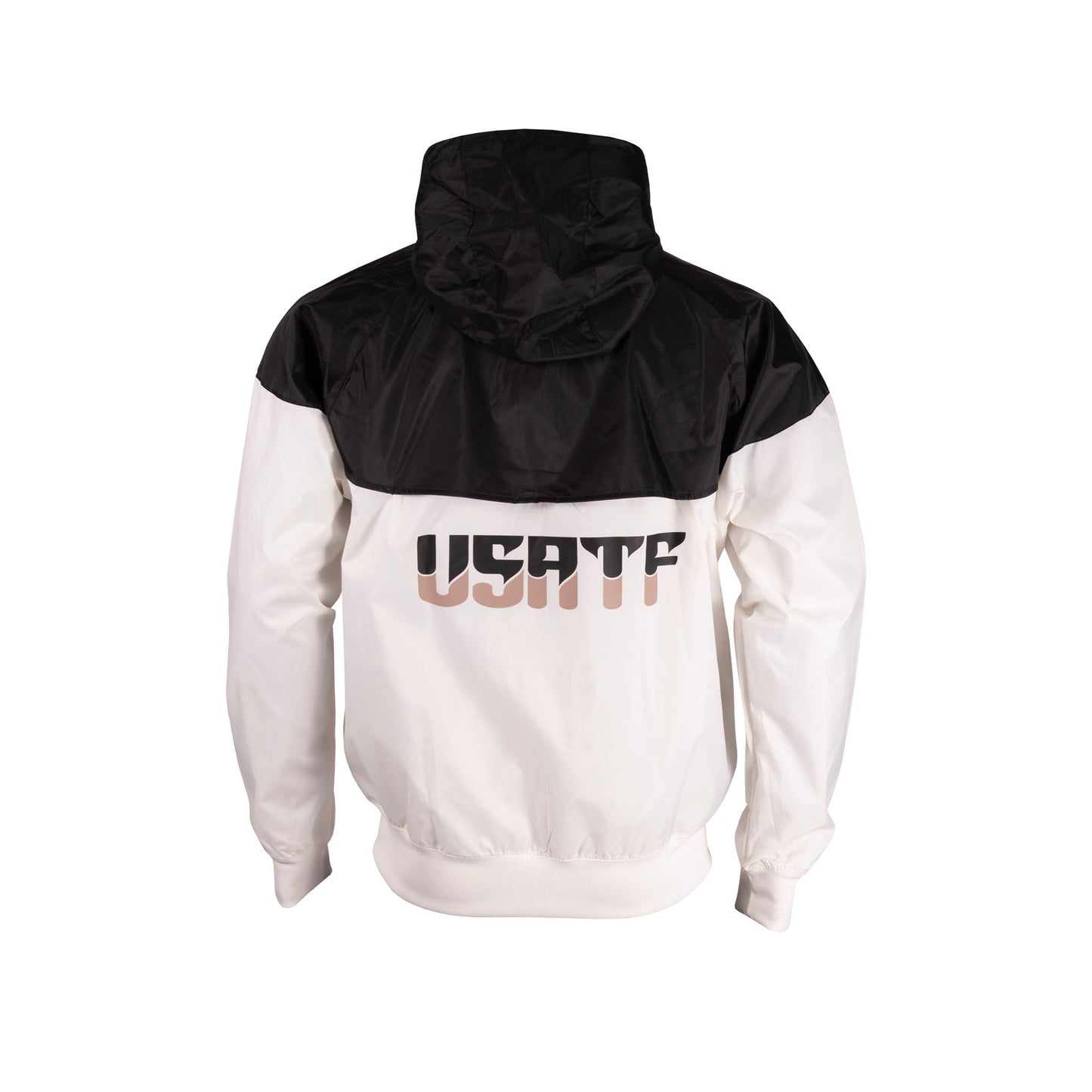Black and white jacket with 'USATF' logo on the back against a white background