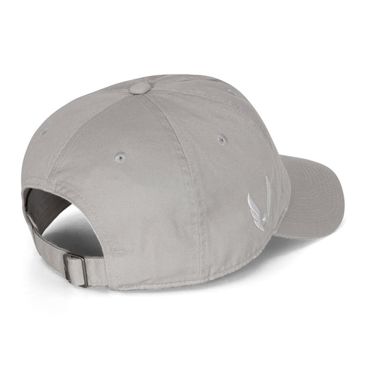 Gray cap with a logo on the back against a white background