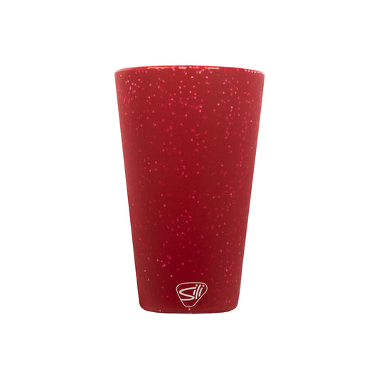 A red speckled silicone pint glass with a small white Silipint logo near the base, shown on a plain white background.
