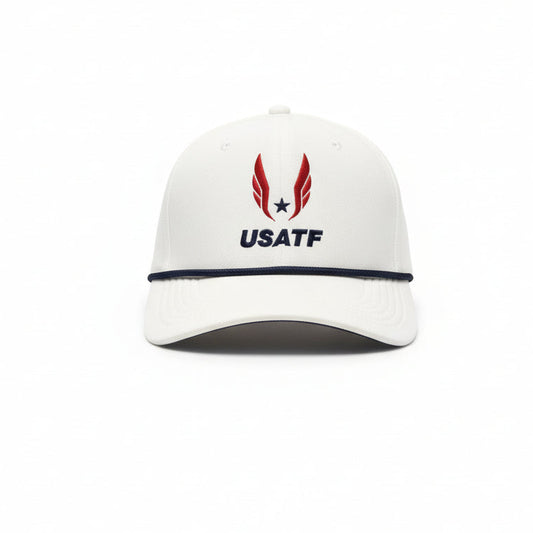 White cap with USATF logo against a white background.