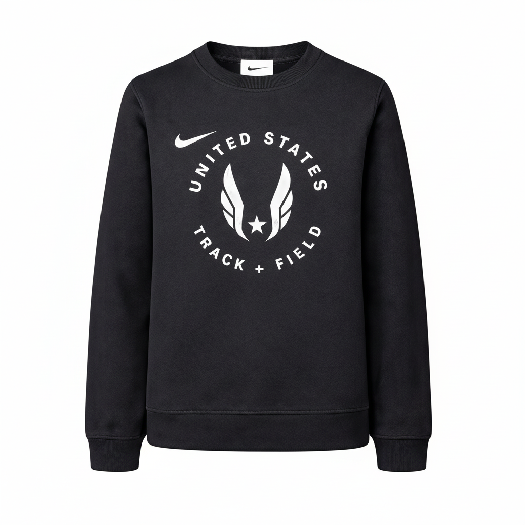 Black Nike youth sweatshirt with 'United States Track & Field' logo on a white background