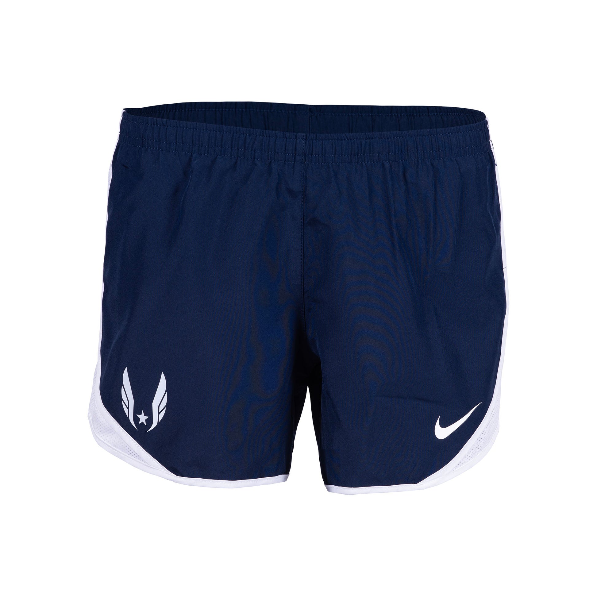 Nike USATF Girls' Dri-Fit Tempo Shorts in navy color with white Nike logo on the left leg and white drawcord.