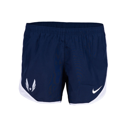 Nike USATF Girls' Dri-Fit Tempo Shorts in navy color with white Nike logo on the left leg and white drawcord.