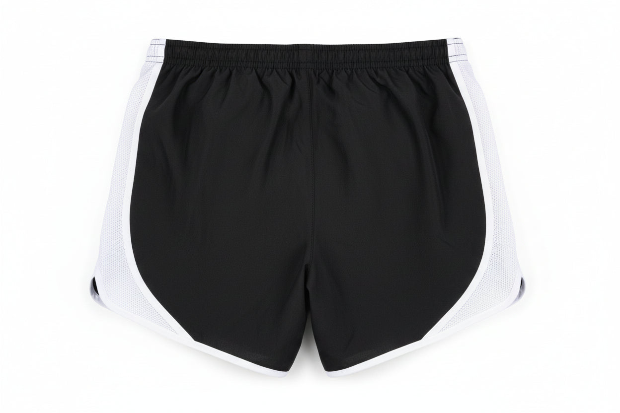 Black shorts with white trim on a white background
