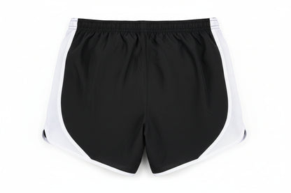 Black shorts with white trim on a white background