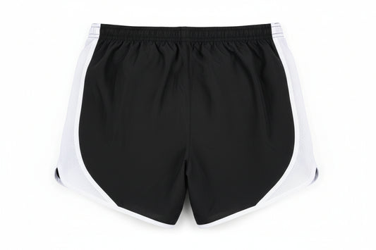 Black shorts with white trim on a white background