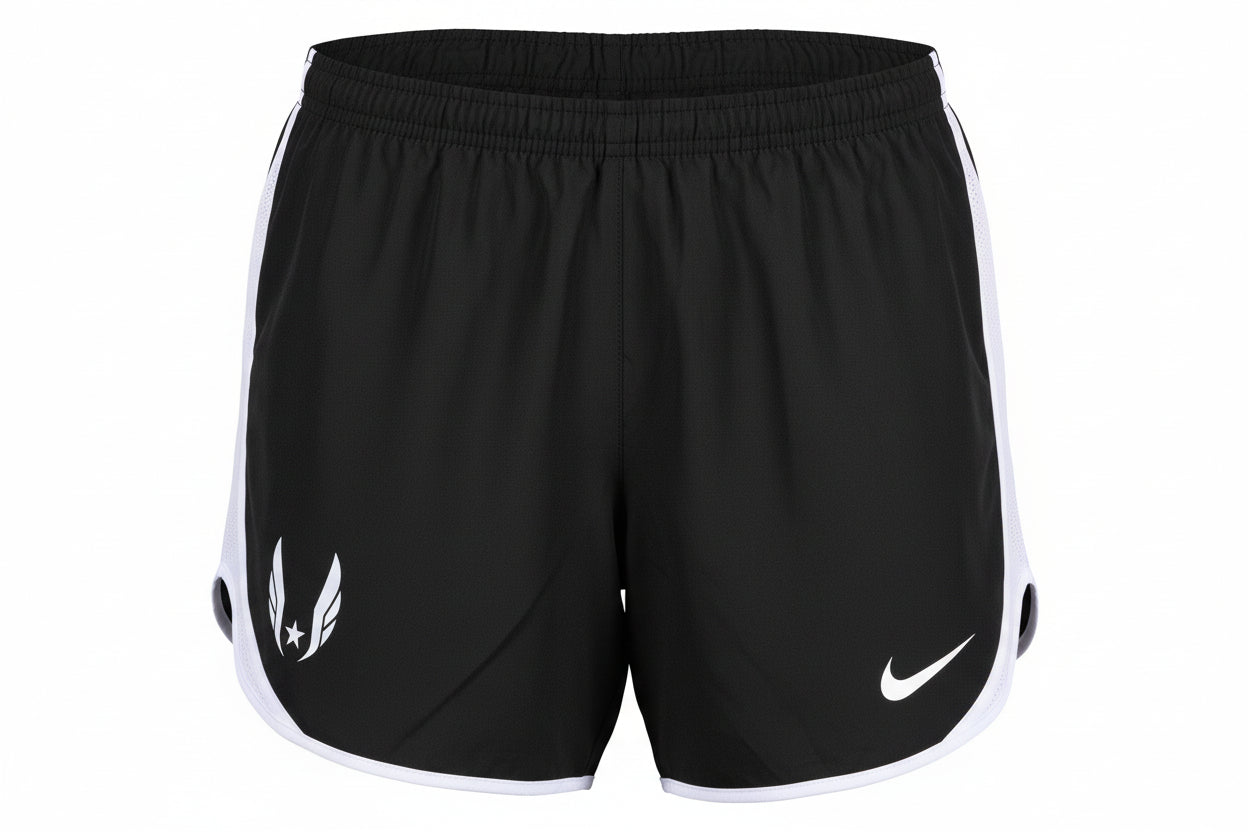 Black Nike shorts with white USATF Wings on a white background