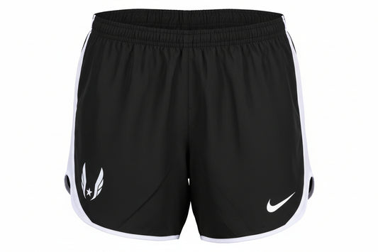 Black Nike shorts with white USATF Wings on a white background