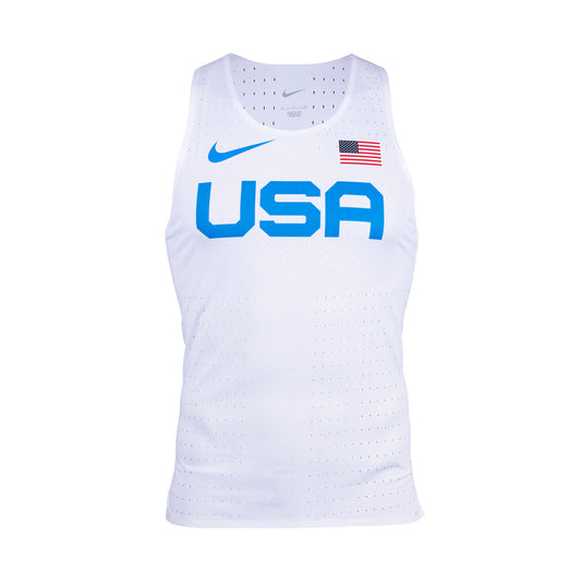 A white Nike singlet with the USA flag and Nike logo in blue and red.