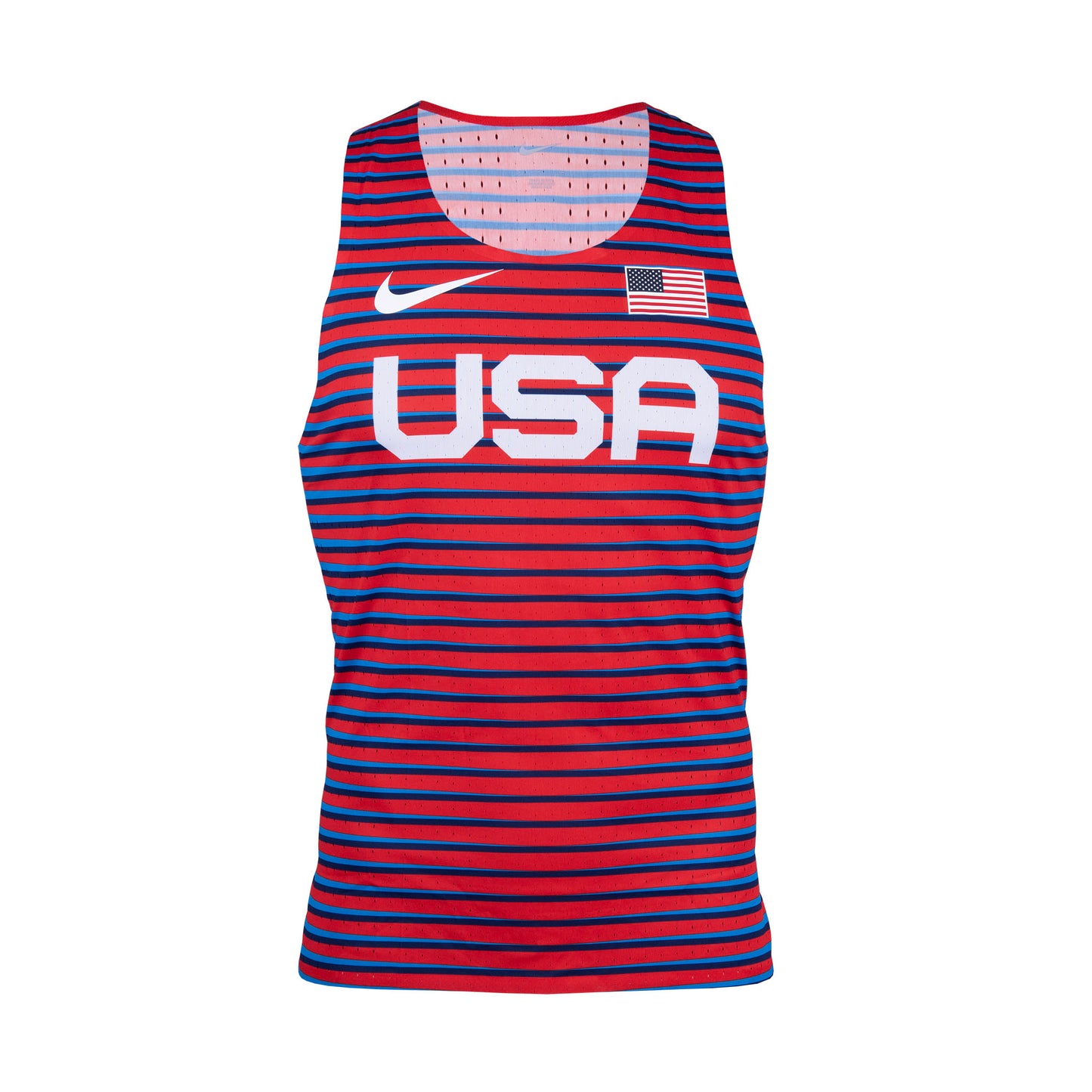 A red and blue striped Nike singlet with 'USA' text and an American flag on the front.