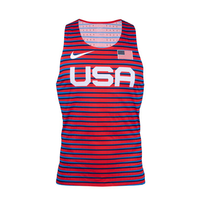 A red and blue striped Nike singlet with 'USA' text and an American flag on the front.
