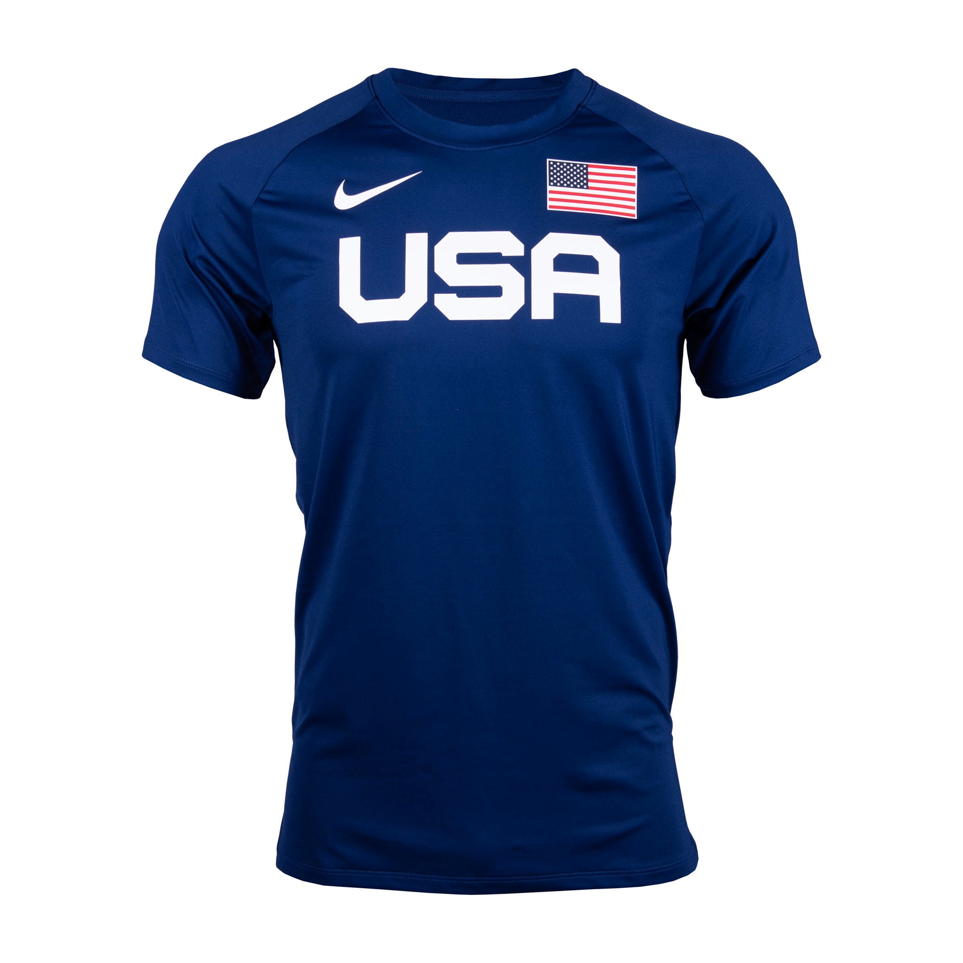A blue Nike men's warm-up T-shirt with bold 'USA' lettering on the front and an American flag next to the brand's swoosh logo.