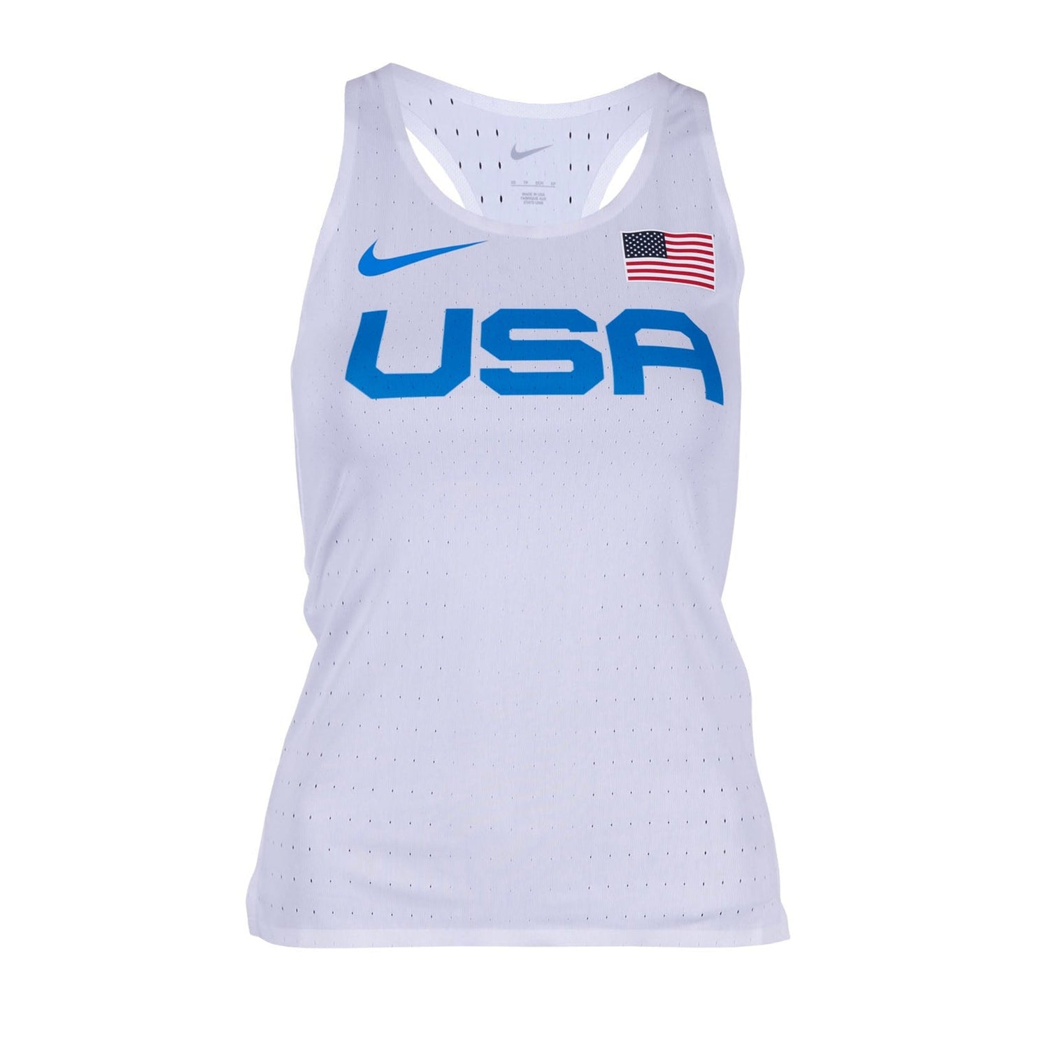 A white Nike singlet with the USA flag and Nike logo, designed for running with a relaxed fit.