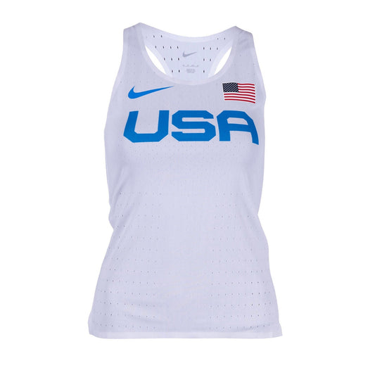 A white Nike singlet with the USA flag and Nike logo, designed for running with a relaxed fit.