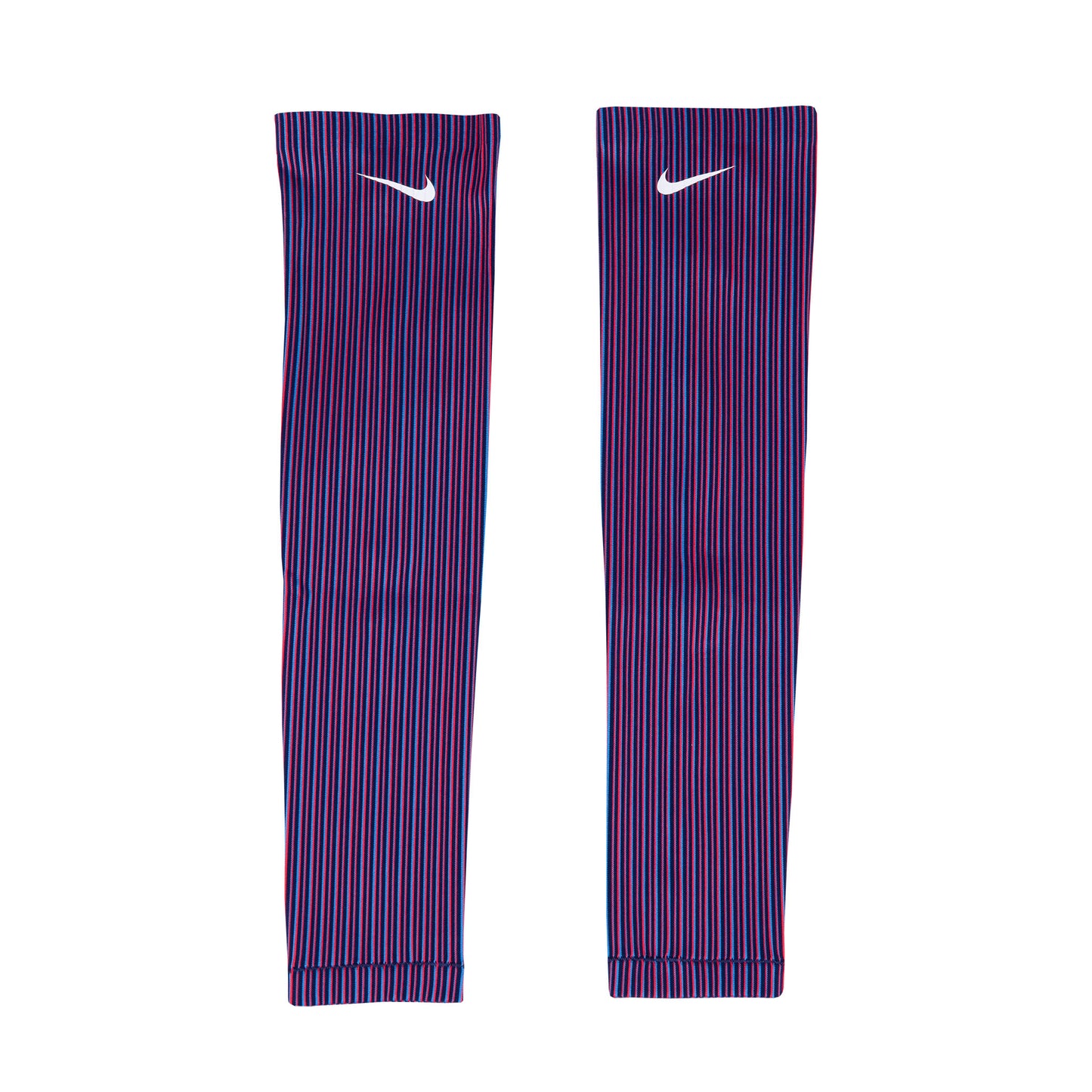 A pair of Nike Team USA women's armsleeves in red and blue striped pattern with the Nike logo on the upper part.
