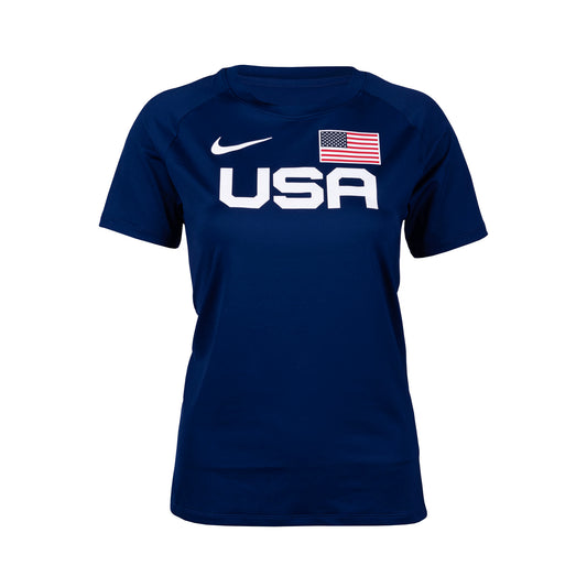 A navy Nike Team USA Women's Warm-Up T-Shirt featuring bold USA lettering and an American flag on the front.