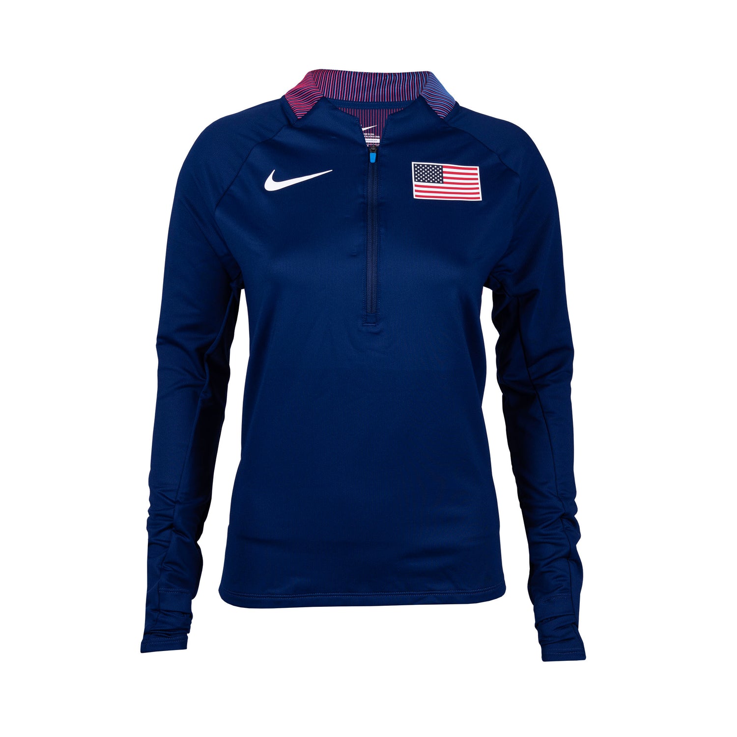 A navy Nike Team USA 1/2 zip top for women with a USA flag patch on the chest and the Nike swoosh logo.