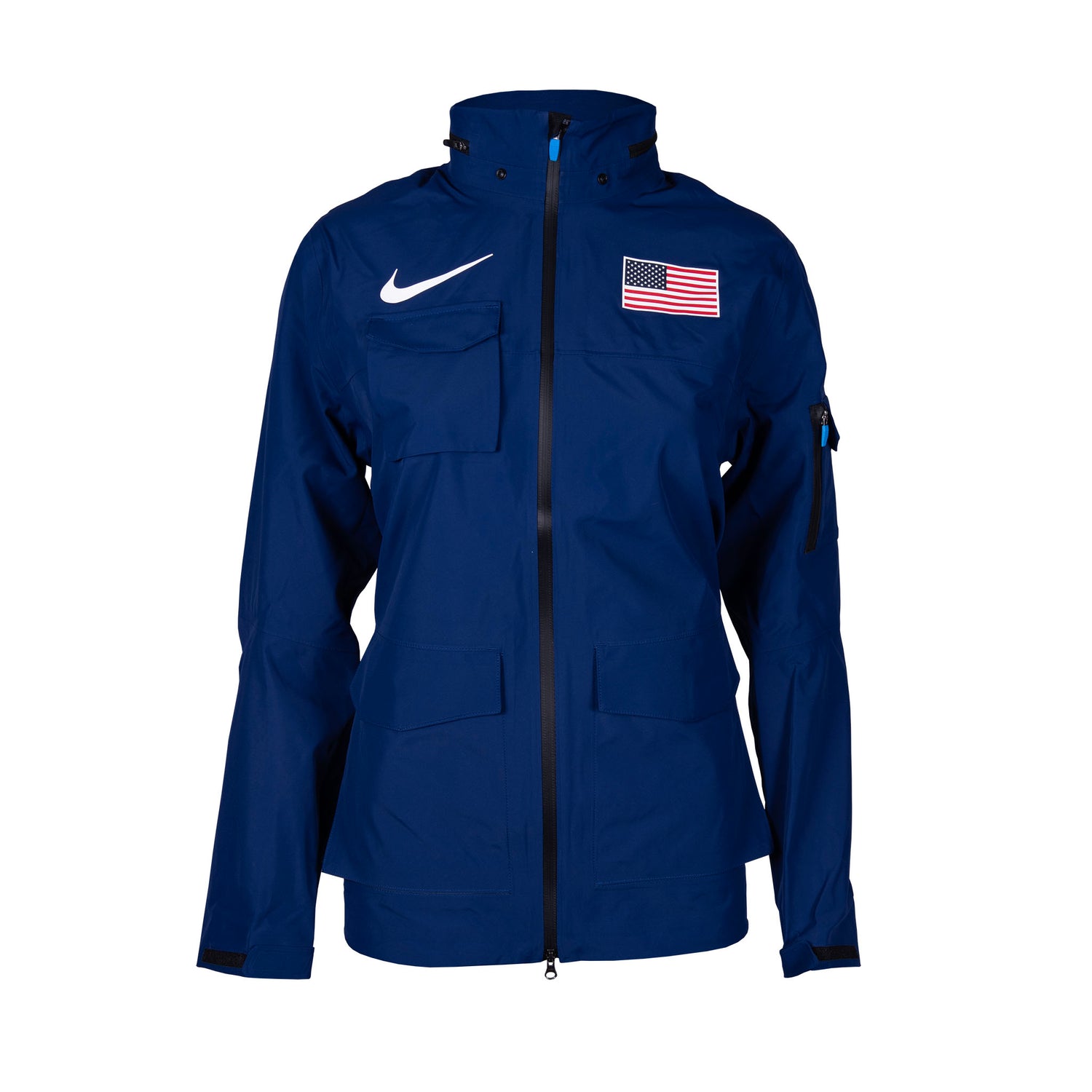 A navy blue Nike Team USA women's rain jacket with a foldable hood, featuring the American flag and Nike logo on the chest.