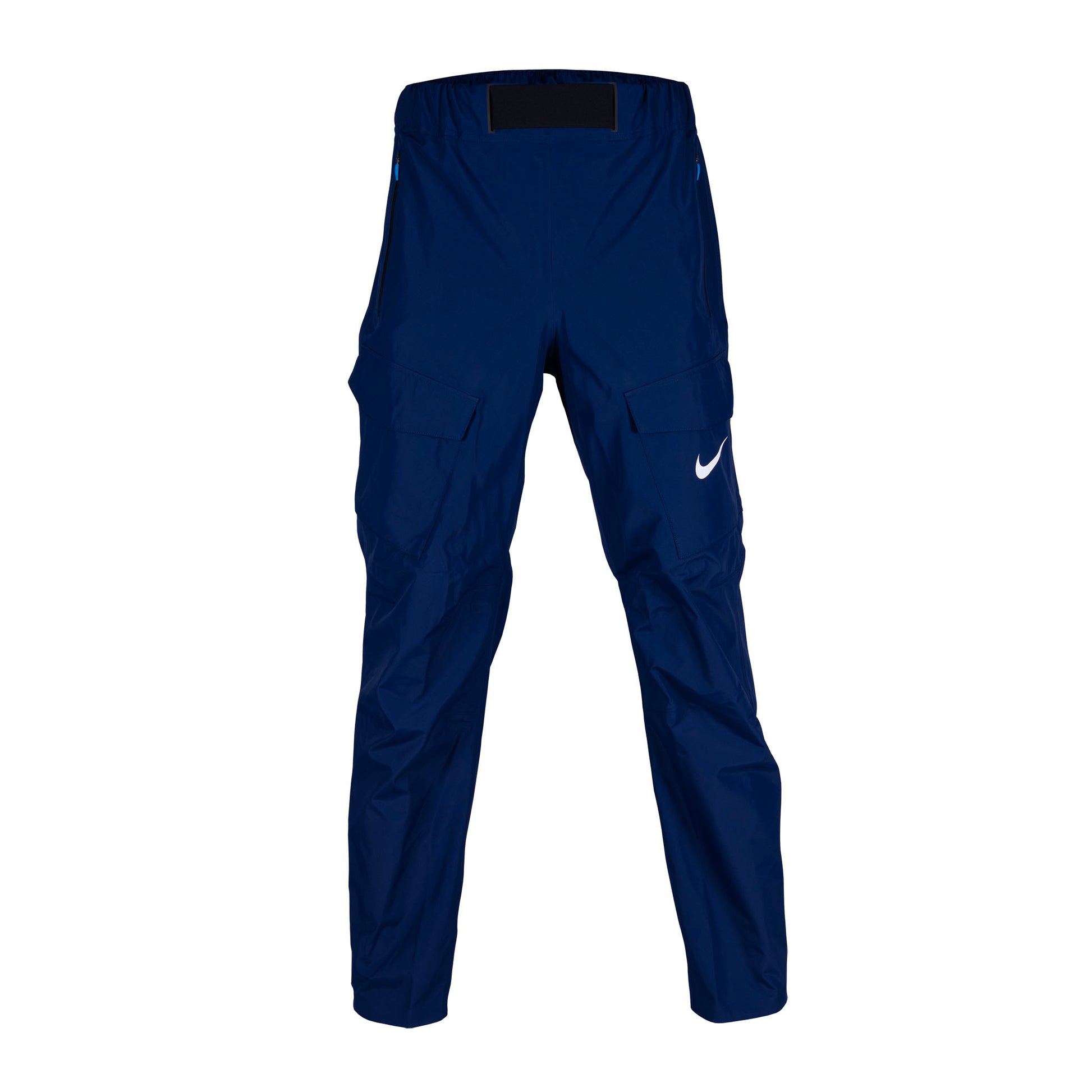 A pair of navy blue Nike Team USA rain pants with zippered pockets and an elastic waistband.