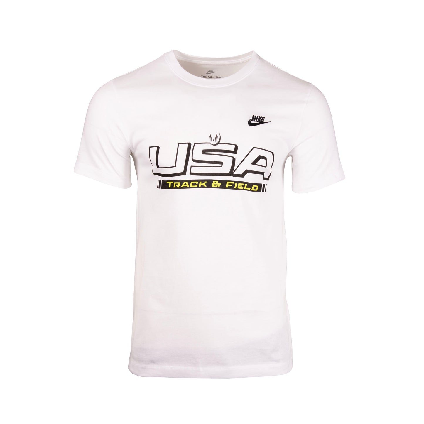 White t-shirt with 'USA Track & Field' text and Nike logo on a white background
