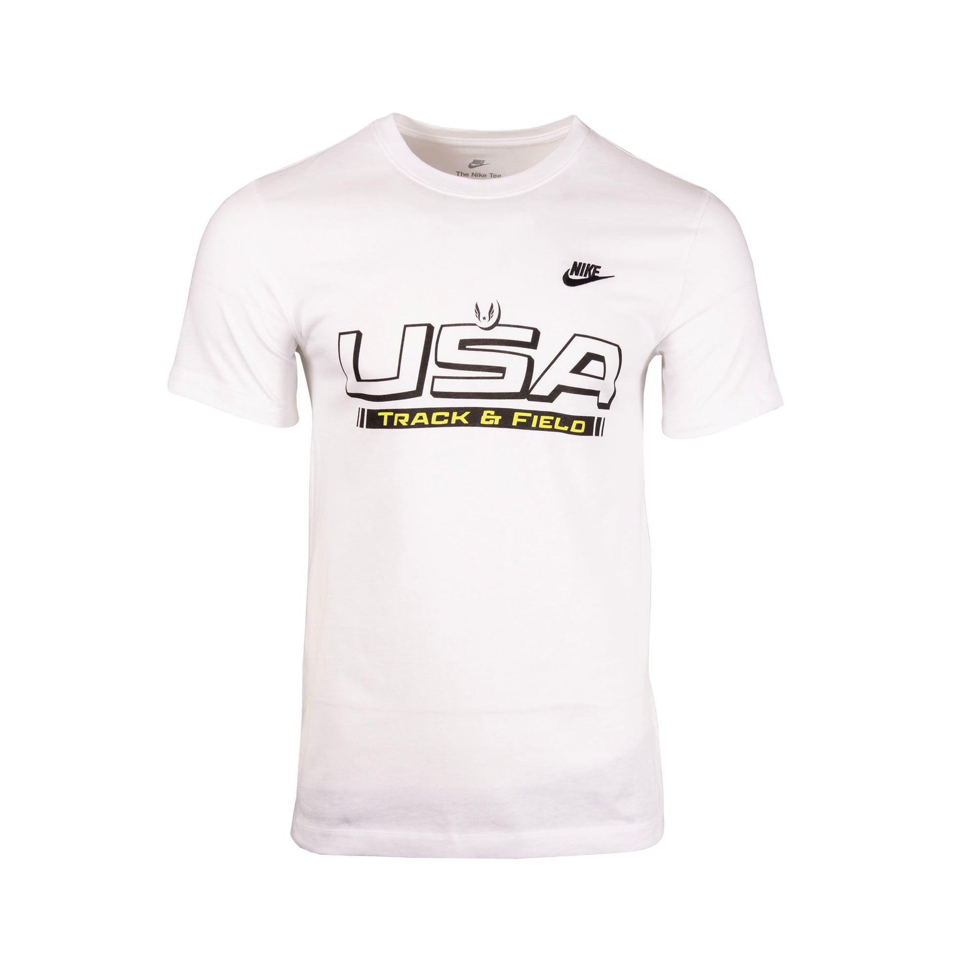 White t-shirt with 'USA Track & Field' text and Nike logo on a white background