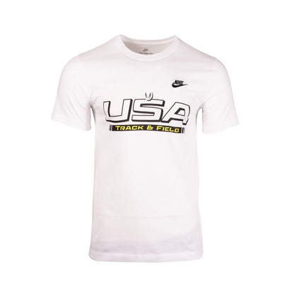 White t-shirt with 'USA Track & Field' text and Nike logo on a white background