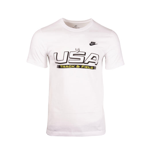 White t-shirt with 'USA Track & Field' text and Nike logo on a white background