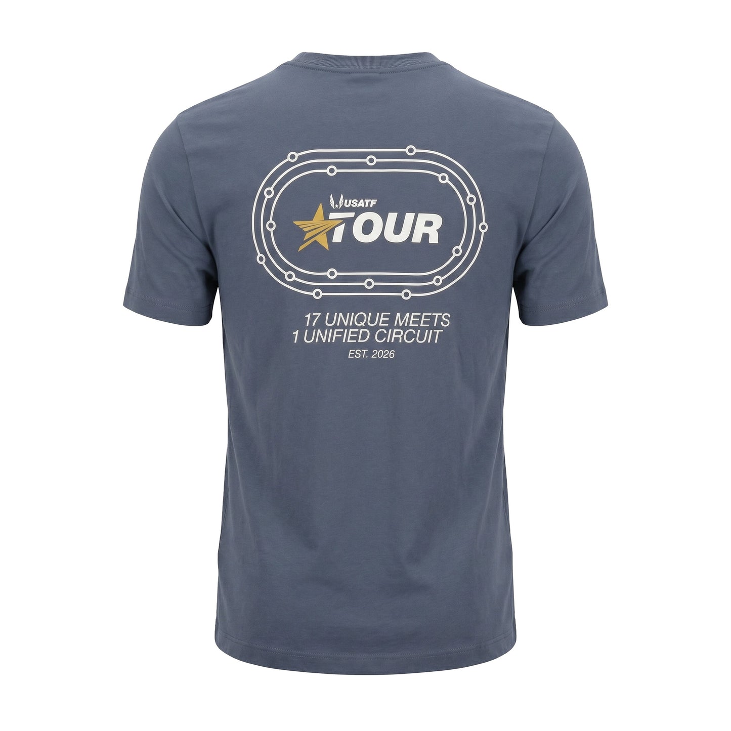 Navy blue t-shirt with a logo and text on the back against a white background