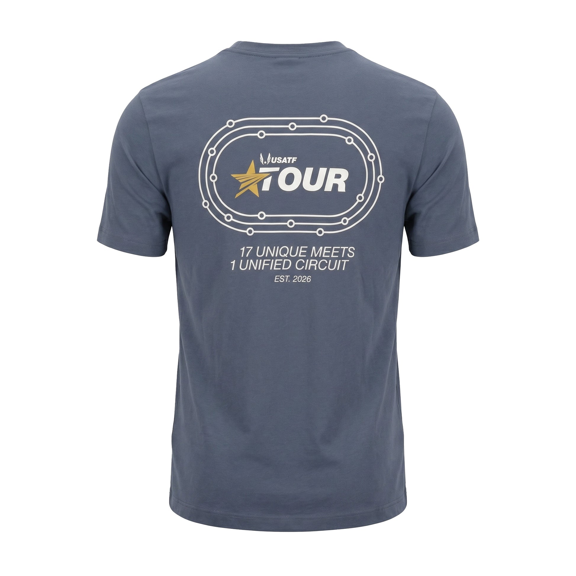 Navy blue t-shirt with a logo and text on the back against a white background