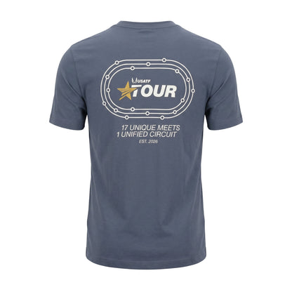 Navy blue t-shirt with a logo and text on the back against a white background
