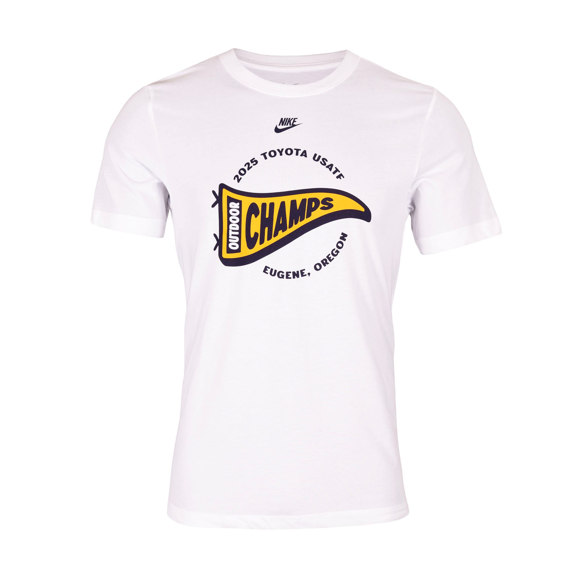 White t-shirt with '2025 Toyota USATF Outdoor Champs' graphic on a white background