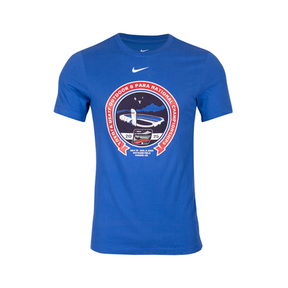 Blue t-shirt with a circular graphic design on a white background