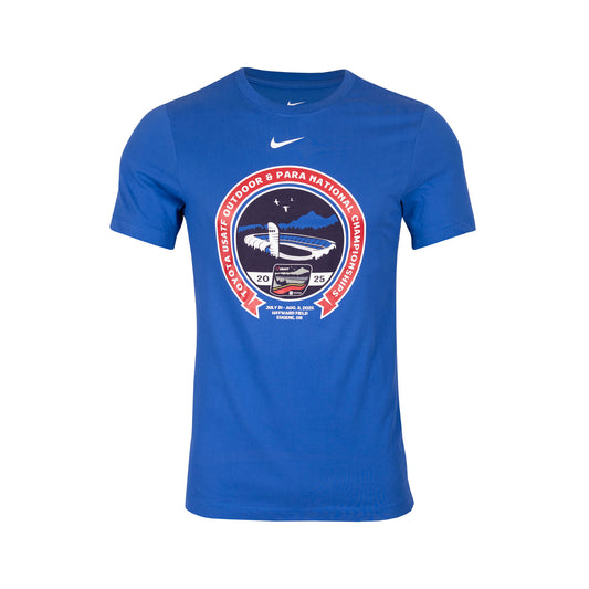 Blue t-shirt with a circular graphic design on a white background