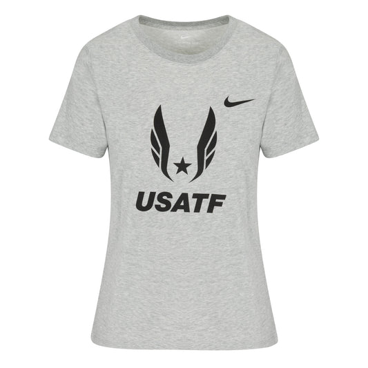 Nike women's grey t-shirt with USATF logo and Nike swoosh in black.
