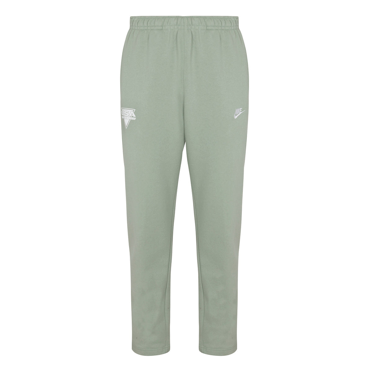 A pair of beige Nike Sportswear Club Fleece Pants with an elastic waistband and drawcord, featuring the Nike logo on the left leg.