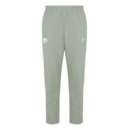 A pair of beige Nike Sportswear Club Fleece Pants with an elastic waistband and drawcord, featuring the Nike logo on the left leg.