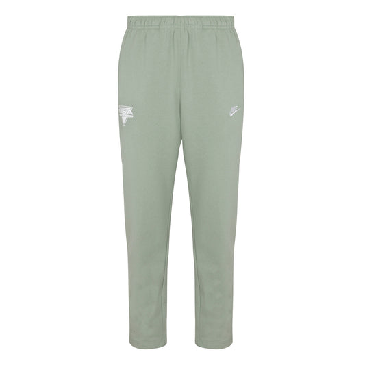 A pair of beige Nike Sportswear Club Fleece Pants with an elastic waistband and drawcord, featuring the Nike logo on the left leg.