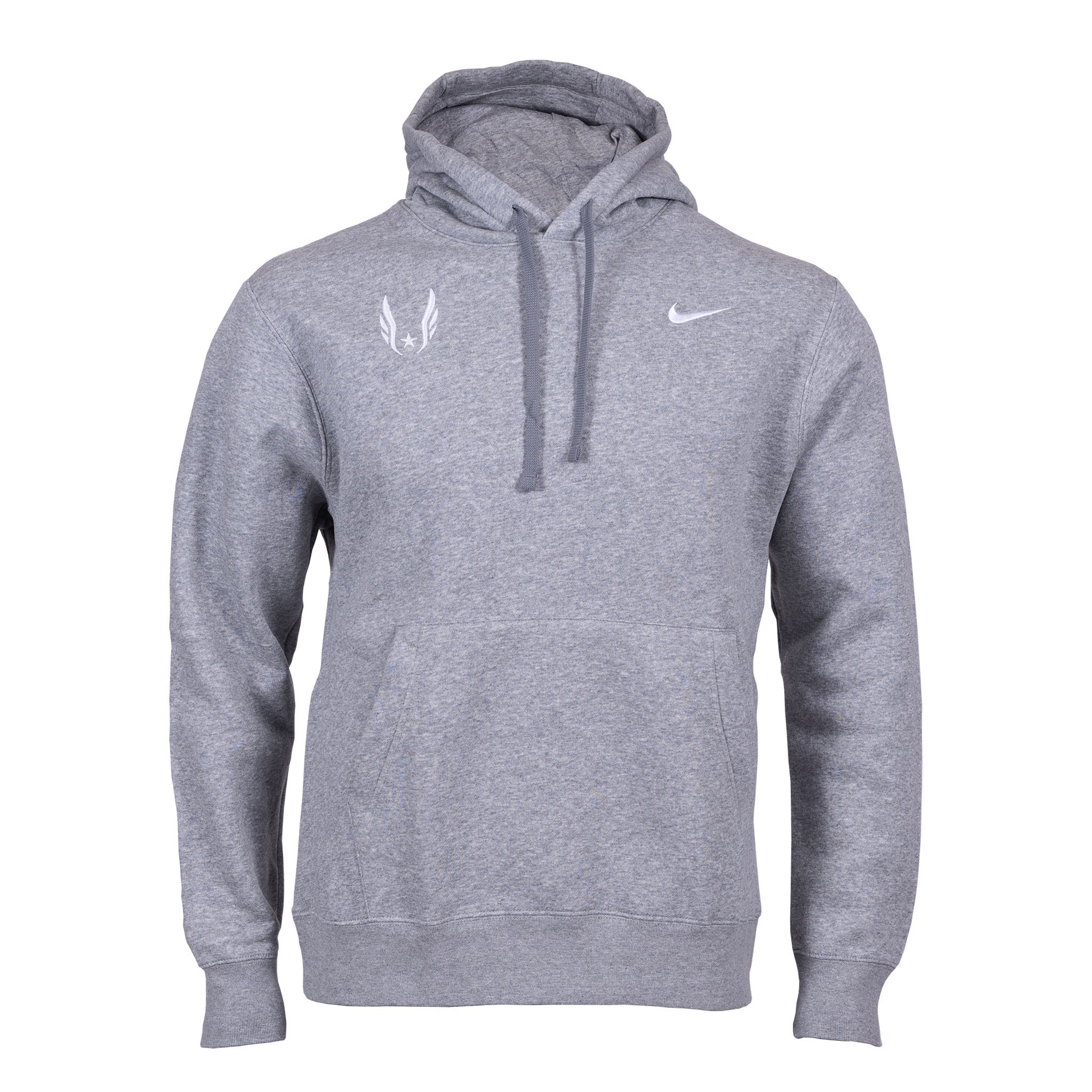 A gray Nike USATF Sportswear Club Fleece Hoodie with the brand's logos on the chest.