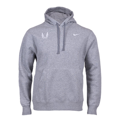 A gray Nike USATF Sportswear Club Fleece Hoodie with the brand's logos on the chest.