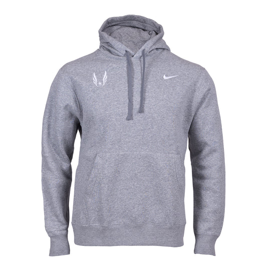 A gray Nike USATF Sportswear Club Fleece Hoodie with the brand's logos on the chest.