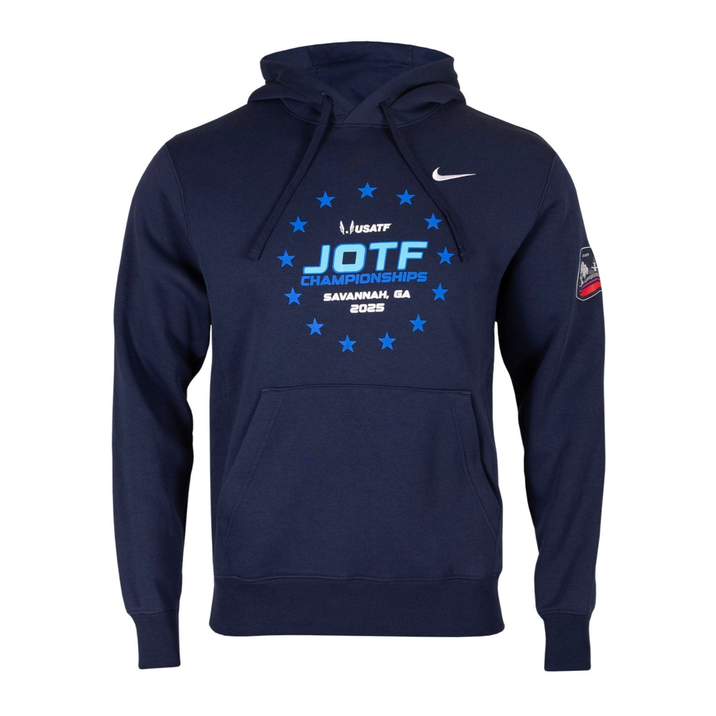 Navy blue hoodie with a logo on a white background