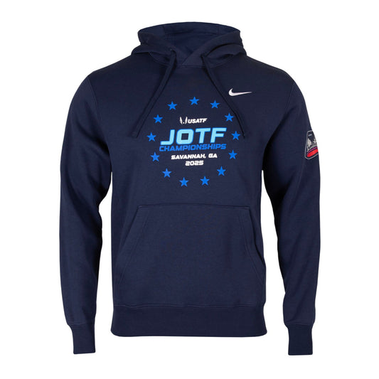 Navy blue hoodie with a logo on a white background