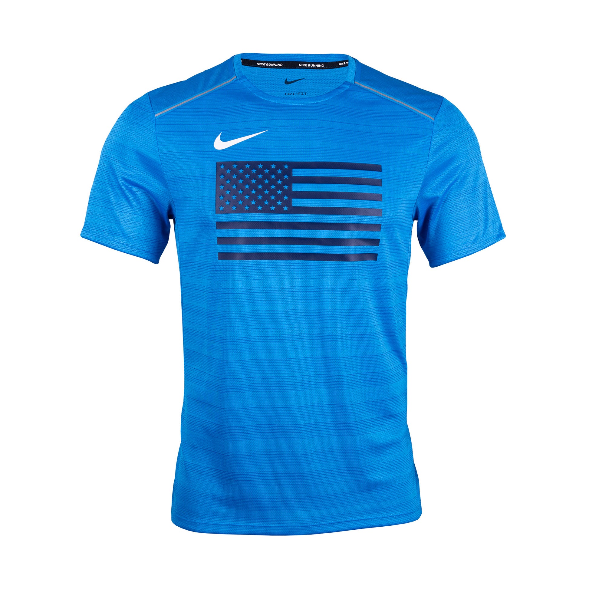 A blue Nike Team USA men's short sleeve running top with an American flag design.
