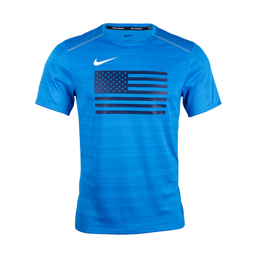 A blue Nike Team USA men's short sleeve running top with an American flag design.