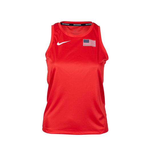 A red Nike Team USA women's miler tank top with a visible Nike logo and a patriotic design featuring the American flag.