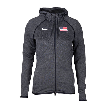 Nike Team USA women's black heather hooded jacket with raglan sleeves and Swoosh branding, featuring a front zipper and side pockets.