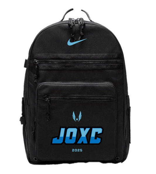 Black backpack with blue 'JOXC' and '2025' text on a white background