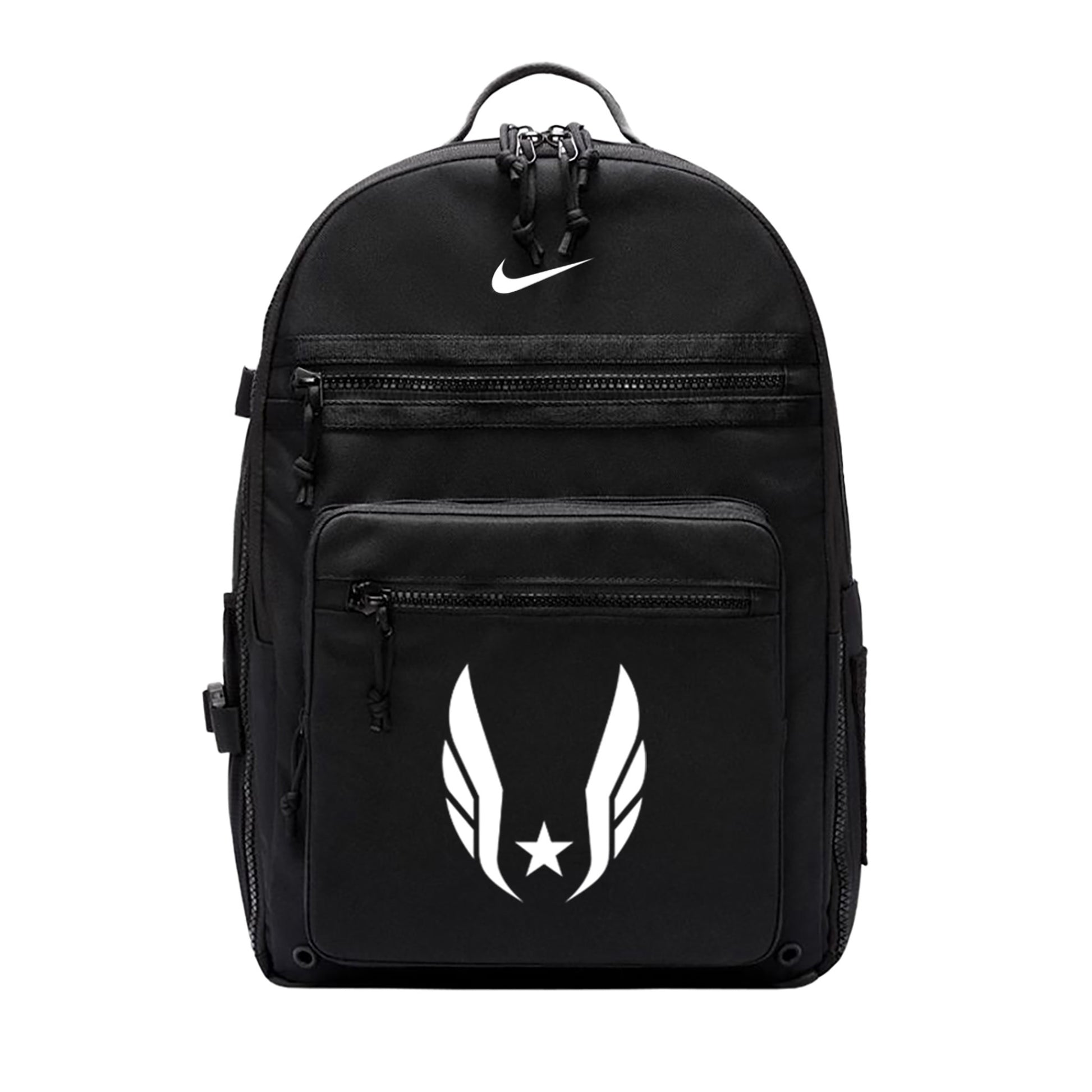Black backpack with a logo on a white background
