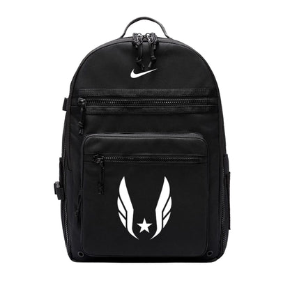 Black backpack with a logo on a white background